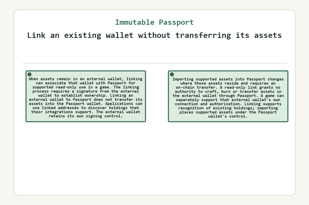 Immutable Passport: Link an existing wallet without transferring its assets - illustration